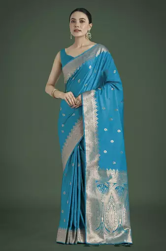 rama silk blend banarasi jacuard work saree with unstitched blouse piece