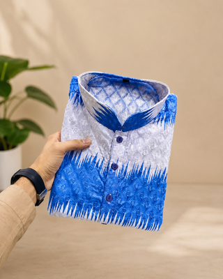 Royal blue color embroidery work & shading print cotton men's kurta payjama set 4