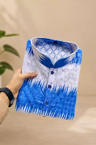 Royal blue color embroidery work & shading print cotton men's kurta payjama set
