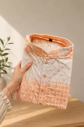Peach color embroidery work & shading print cotton men's kurta payjama set