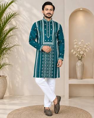 Teal color embroidery and silver sequence work silk men's kurta payjama set 1