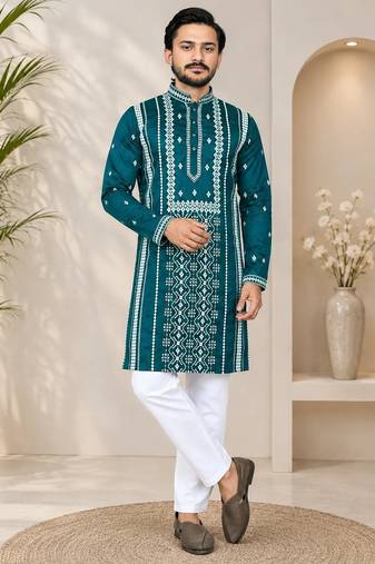 Teal color embroidery and silver sequence work silk men's kurta payjama set