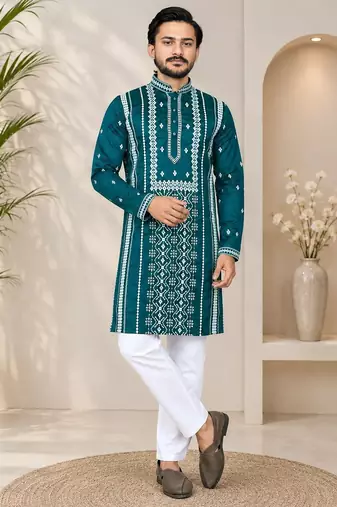 Teal color embroidery and silver sequence work silk men's kurta payjama set