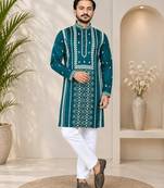 Teal color embroidery and silver sequence work silk men's kurta payjama set