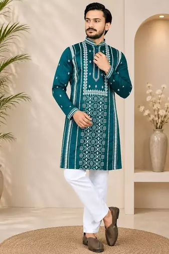 Teal color embroidery and silver sequence work silk men's kurta payjama set