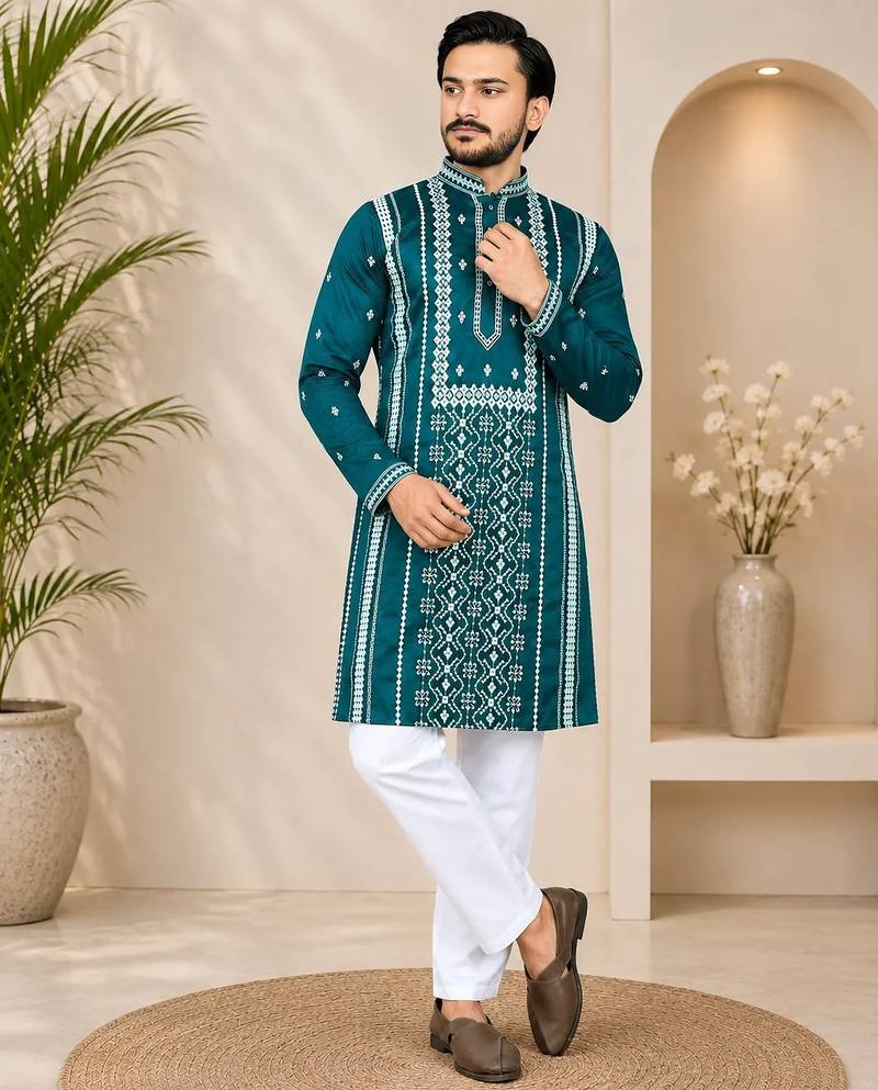 Teal color embroidery and silver sequence work silk men's kurta payjama set