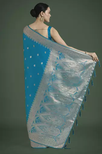 rama silk blend banarasi jacuard work saree with unstitched blouse piece