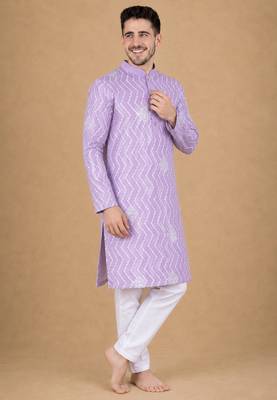 Lavender color unique cross pattern white thread embroidery with silver sequence silk men's kurta payjama set 2