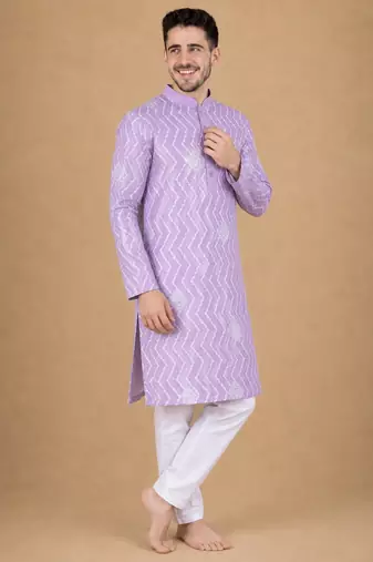 Lavender color unique cross pattern white thread embroidery with silver sequence silk men's kurta payjama set