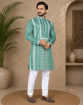 Sea green color embroidery and silver sequence work silk men's kurta payjama set 1