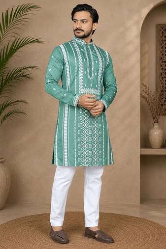 Sea green color embroidery and silver sequence work silk men's kurta payjama set