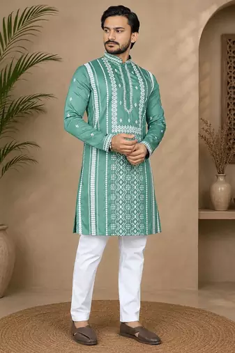 Sea green color embroidery and silver sequence work silk men's kurta payjama set