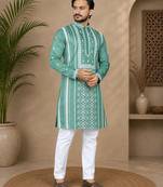Sea green color embroidery and silver sequence work silk men's kurta payjama set