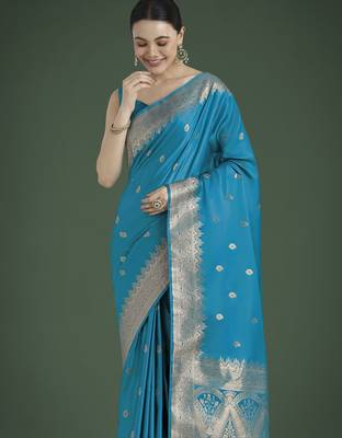 rama silk blend banarasi jacuard work saree with unstitched blouse piece 4