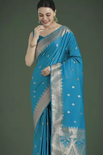 rama silk blend banarasi jacuard work saree with unstitched blouse piece