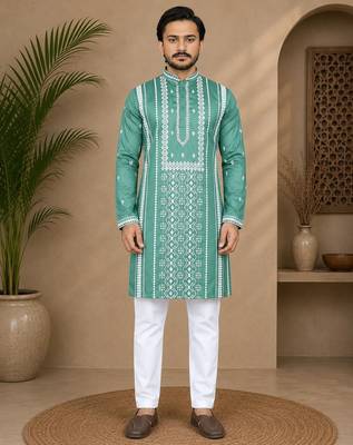 Sea green color embroidery and silver sequence work silk men's kurta payjama set 2