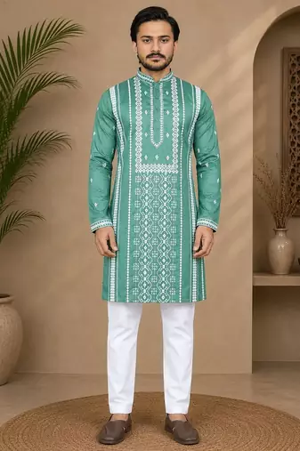 Sea green color embroidery and silver sequence work silk men's kurta payjama set