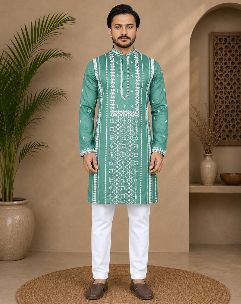 Sea green color embroidery and silver sequence work silk men's kurta payjama set