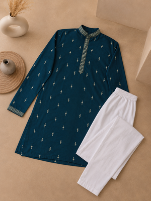 Teal color all over silver jari with embroidery buti matka silk men's kurta payjama set 4