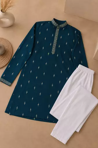 Teal color all over silver jari with embroidery buti matka silk men's kurta payjama set
