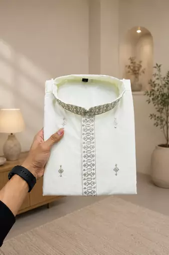 Off-white color all over silver jari with embroidery buti matka silk men's kurta payjama set