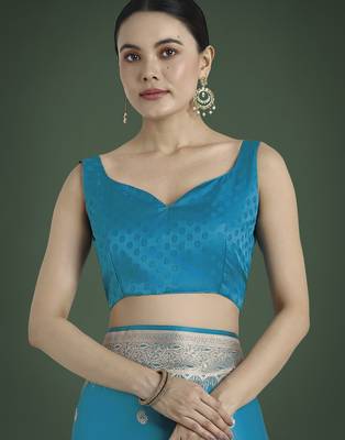 rama silk blend banarasi jacuard work saree with unstitched blouse piece 5