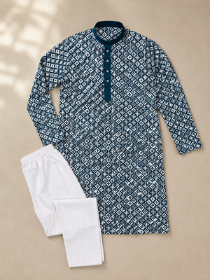 Teal color white embroidery thread work with multi sequence silk men's kurta payjama set 5