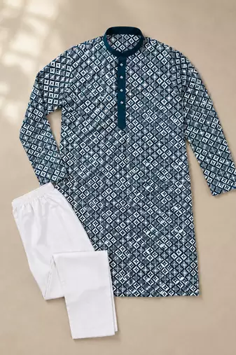 Teal color white embroidery thread work with multi sequence silk men's kurta payjama set