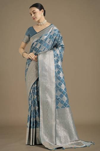 wine silk blend banarasi jacuard work saree with unstitched blouse piece