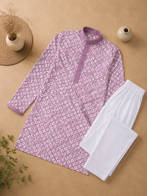 Lavender color white embroidery thread work with multi sequence silk men's kurta payjama set 5