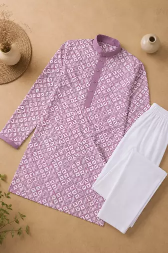 Lavender color white embroidery thread work with multi sequence silk men's kurta payjama set