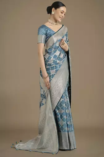 wine silk blend banarasi jacuard work saree with unstitched blouse piece