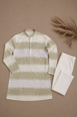 Lime green color embroidery work & shading print cotton men's kurta payjama set 4