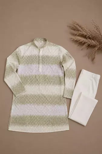 Lime green color embroidery work & shading print cotton men's kurta payjama set