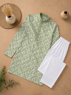 Pista color white embroidery thread work with multi sequence silk men's kurta payjama set 5