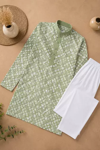 Pista color white embroidery thread work with multi sequence silk men's kurta payjama set