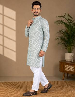 Pista color unique cross pattern white thread embroidery with silver sequence silk men's kurta payjama set 2
