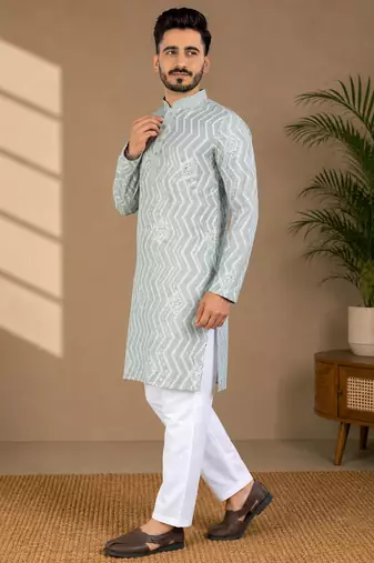 Pista color unique cross pattern white thread embroidery with silver sequence silk men's kurta payjama set