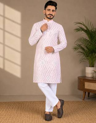 Light pink color unique cross pattern white thread embroidery with silver sequence silk men's kurta payjama set 2
