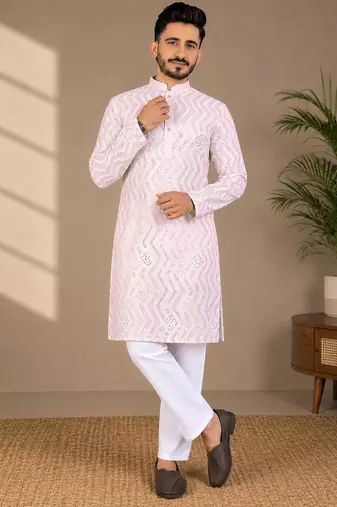 Light pink color unique cross pattern white thread embroidery with silver sequence silk men's kurta payjama set