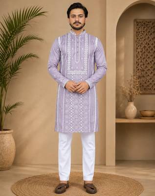 Lavender color embroidery and silver sequence work silk men's kurta payjama set 1