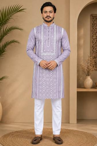 Lavender color embroidery and silver sequence work silk men's kurta payjama set