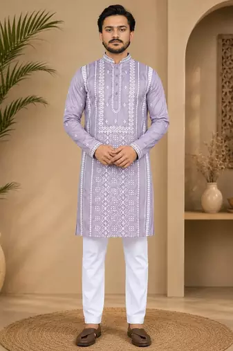 Lavender color embroidery and silver sequence work silk men's kurta payjama set