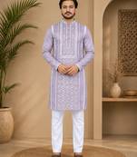 Lavender color embroidery and silver sequence work silk men's kurta payjama set