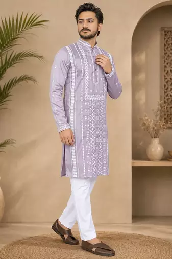 Lavender color embroidery and silver sequence work silk men's kurta payjama set