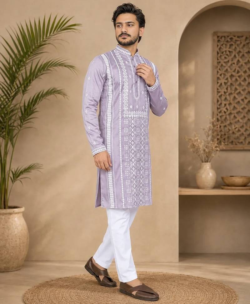 Lavender color embroidery and silver sequence work silk men's kurta payjama set