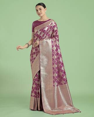 onion silk blend banarasi jacuard work saree with unstitched blouse piece 1