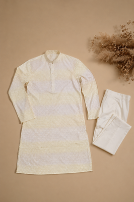 Lemon yellow color embroidery work & shading print cotton men's kurta payjama set 4