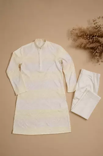 Lemon yellow color embroidery work & shading print cotton men's kurta payjama set