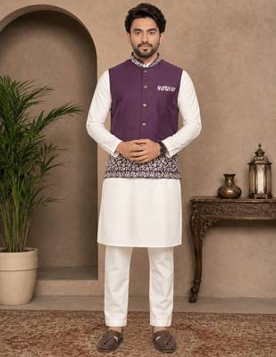 Off white-purple color embroidered daaman work shiny silk men's kurta payjama set 2